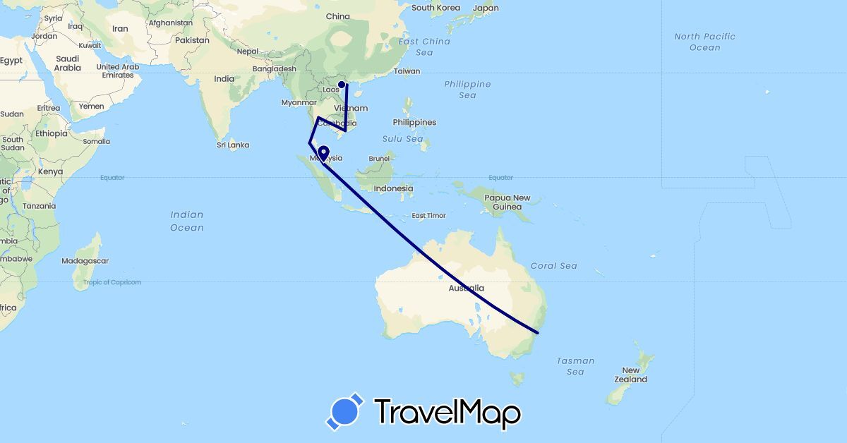 TravelMap itinerary: driving in Australia, Malaysia, Singapore, Thailand, Vietnam (Asia, Oceania)